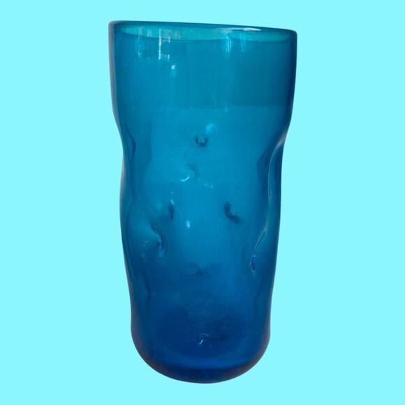 Vintage Single BLENKO Dark Blue Pinched Dimple 6.25” Handblown Glass Tumbler - Picture 4 of 8